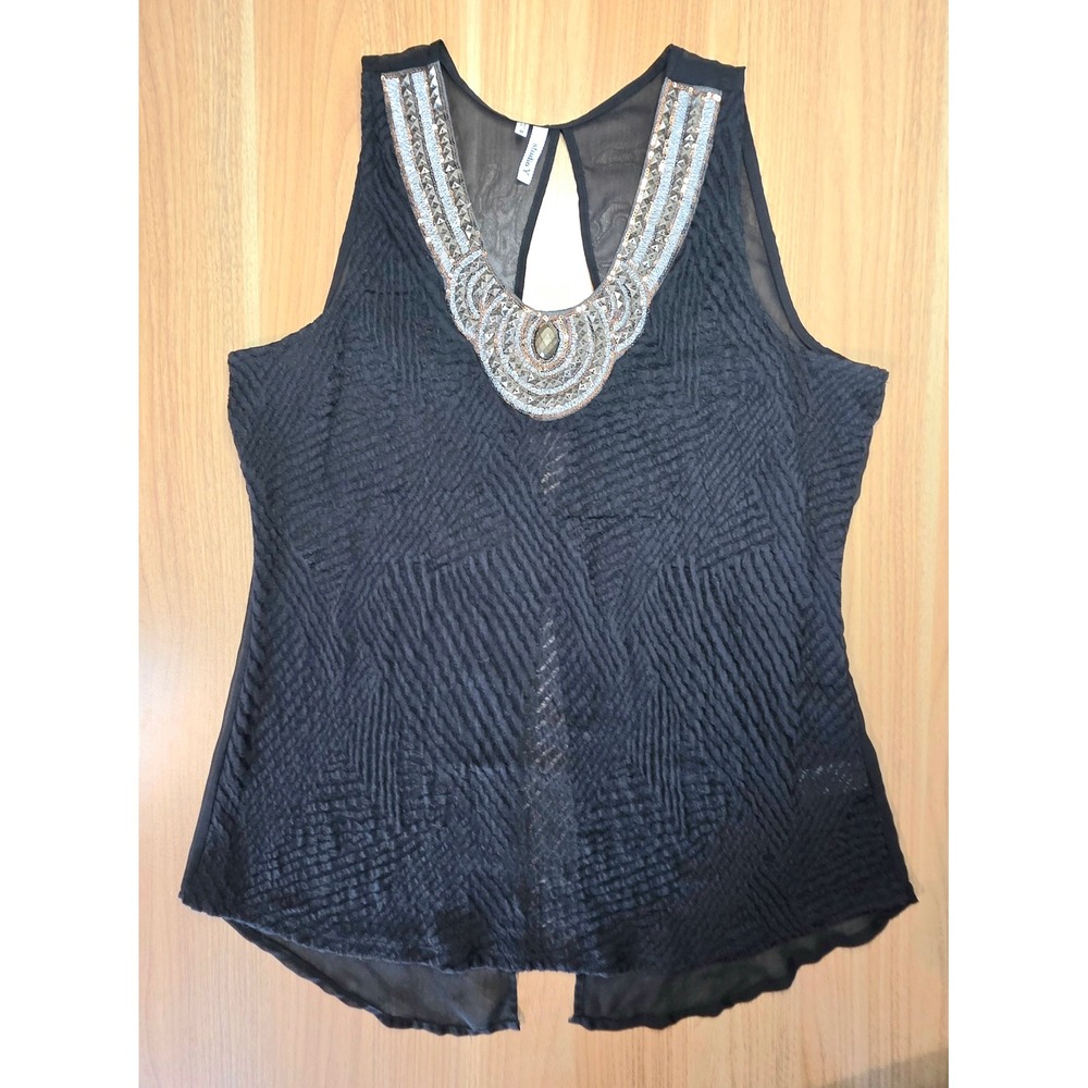 Studio Y Embellished Black Tank Top Sleeveless Sheer‎ Party Blouse Medium